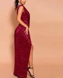 Larissa lurex slit dress in burgundy