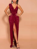 Larissa lurex slit dress in burgundy