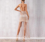 Long fringe halter dress in powder pink