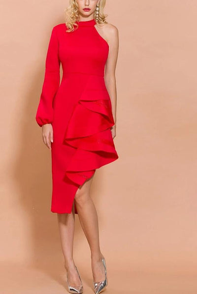 LUCRECIA one-shoulder ruffled red dress