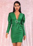 Major V-neck belted green mini dress