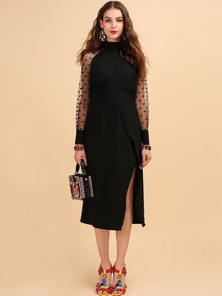 Midi black dress with mesh sleeves