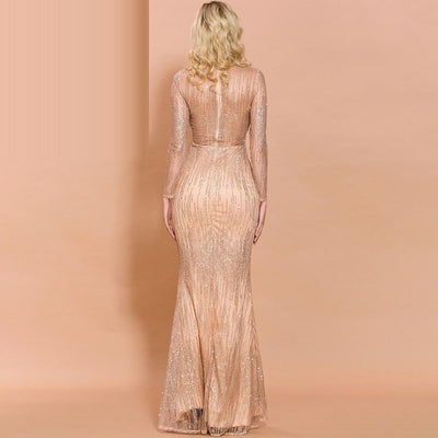 MISS UNIVERSE glitter mesh gown in peach