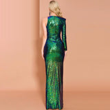 One-Sleeve sequinned gown in green