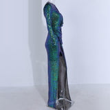 One-Sleeve sequinned gown in green