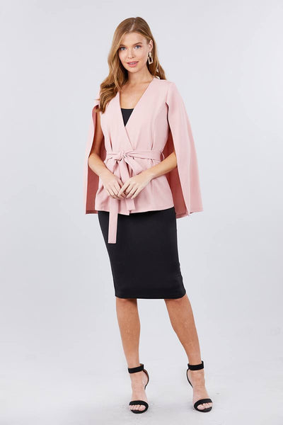Open Peaked Front W/belt Detail Cape Blouse