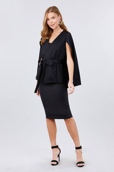 Open Peaked Front W/belt Detail Cape Blouse