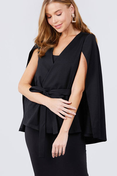 Open Peaked Front W/belt Detail Cape Blouse