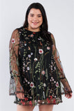 Plus Size Floral Mix Sheer Mock Lace Neck Mini Dress
