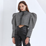 Puff-sleeve houndstooth short jacket