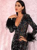 ARITZA Feather Trim Sequins Gown