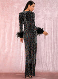 ARITZA Feather Trim Sequins Gown