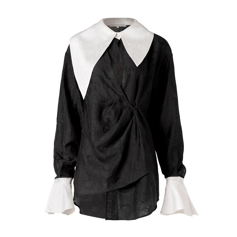 Asymmetric Black and White Collared Blouse
