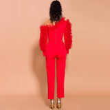 Primetime Looks-Asymmetric ruffled red jumpsuit