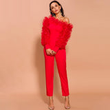 Primetime Looks-Asymmetric ruffled red jumpsuit