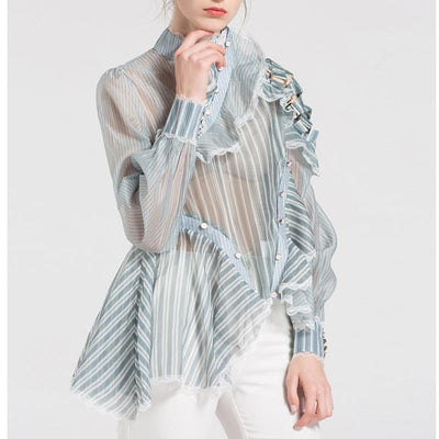 Asymmetric ruffled sheer blouse in blue-Primetime Looks