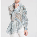 Asymmetric ruffled sheer blouse in blue-Primetime Looks