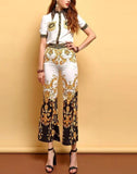 Primetime Looks-Beaded pant suit in black and gold print