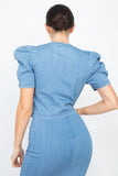 Blue puff sleeve top w skirt set