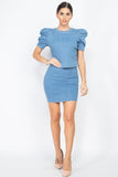 Blue puff sleeve top w skirt set