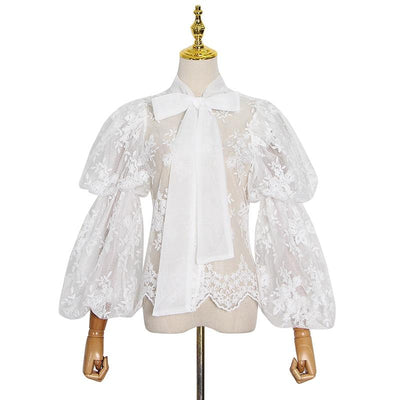 Bow Neck Tie Lace Blouse in colors