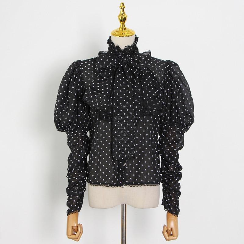 Bow-tie Neck Heart Prints Blouse in colors