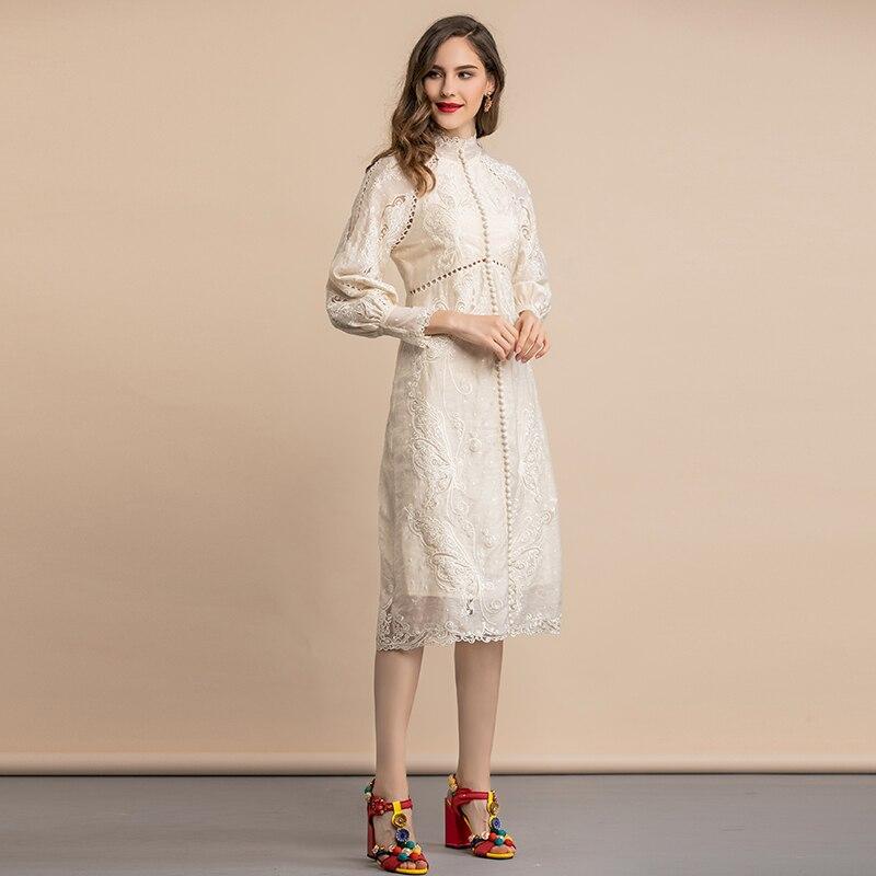 Buttoned vintage-type ivory midi dress