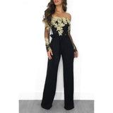 Cafe Au-Lait off-shoulder appliqued long-sleeved jumpsuit