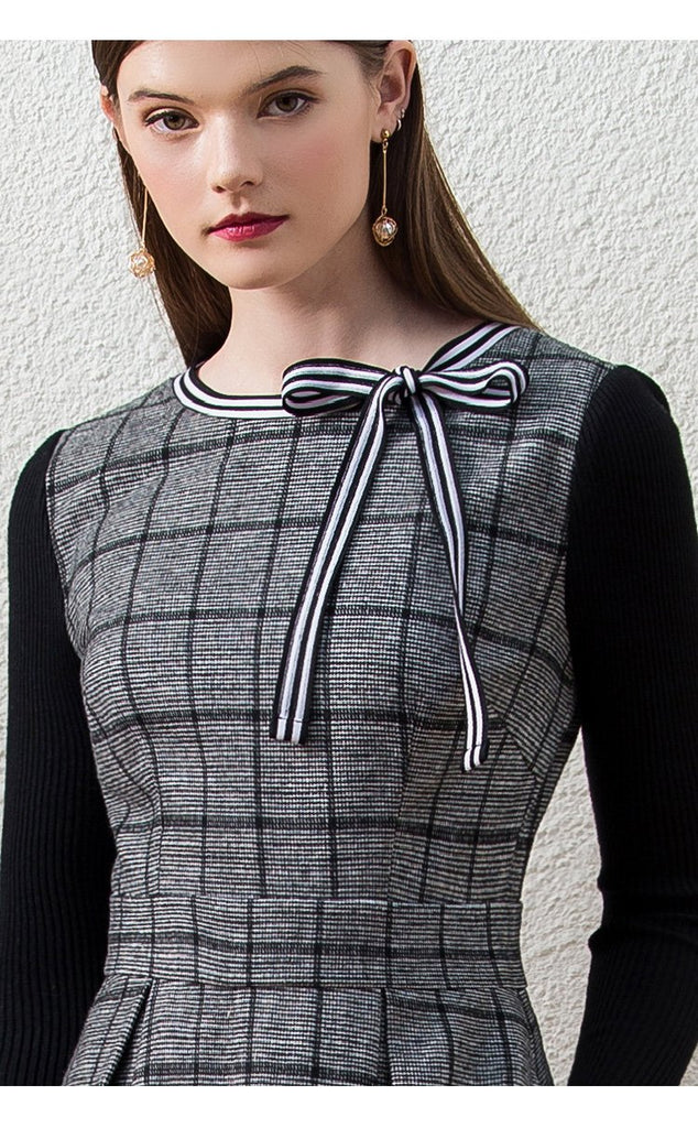 CALLIOPE Vintage Bowknot Plaid Midi Dress