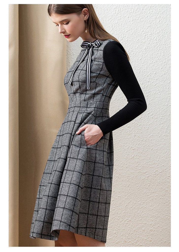 CALLIOPE Vintage Bowknot Plaid Midi Dress