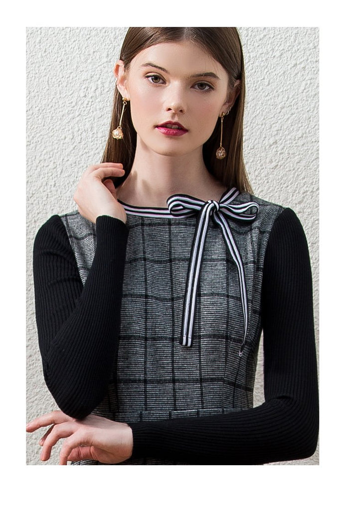 CALLIOPE Vintage Bowknot Plaid Midi Dress