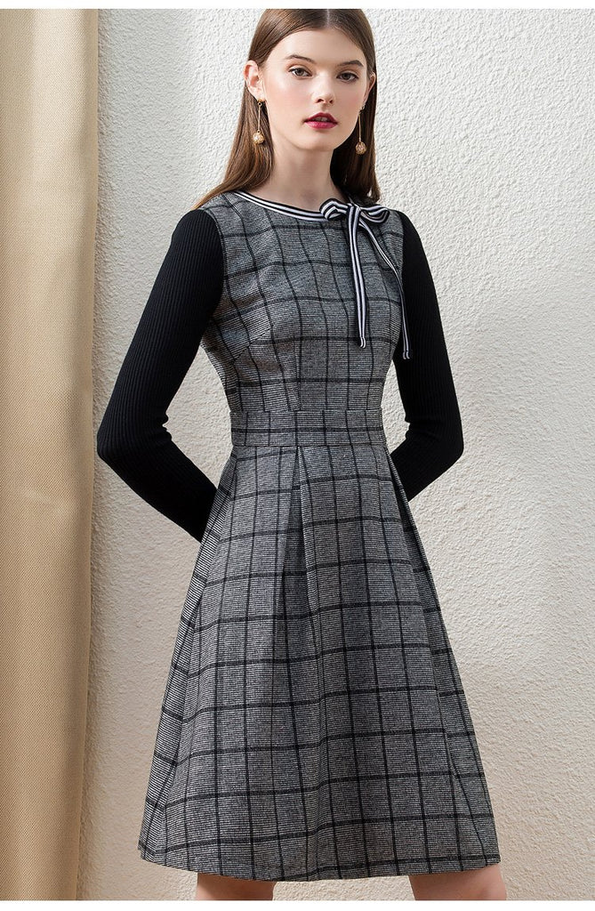 CALLIOPE Vintage Bowknot Plaid Midi Dress