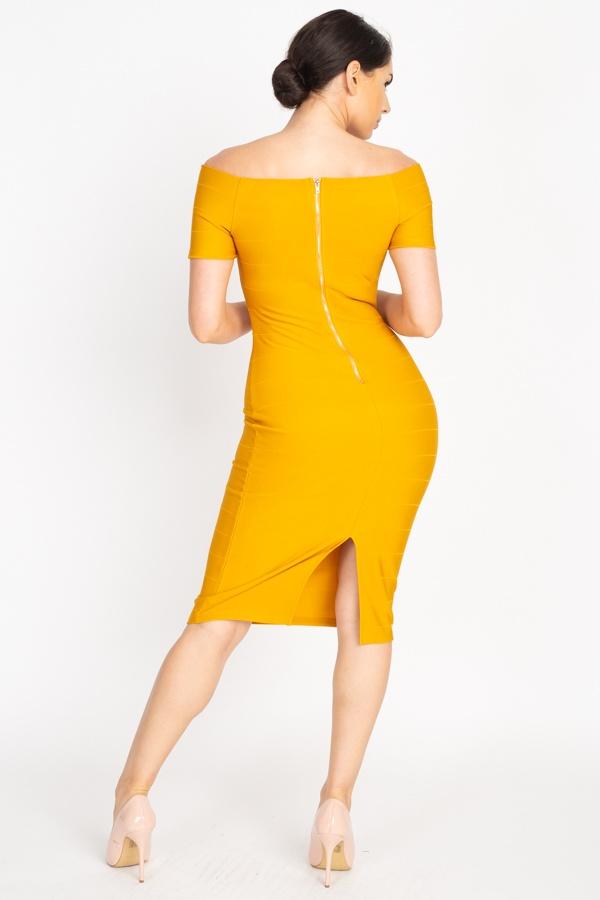 CAMILLA Off-Shoulder Yellow Midi Dress