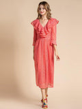 Cascaded ruffles V-Neck midi dress