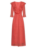 Cascaded ruffles V-Neck midi dress