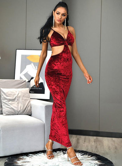 CESI Cut-out Waist Velvet Maxi Dress