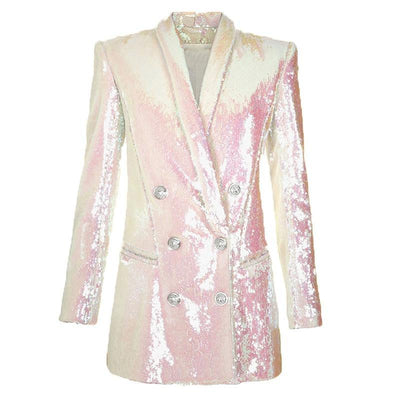 Primetime Looks-Chameleon long sequined blazer dress in white
