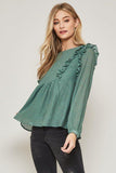 Charming Ruffles Trim Top in Green