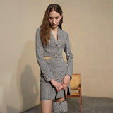 Checkered Cropped Blazer and Mini Skirt Set