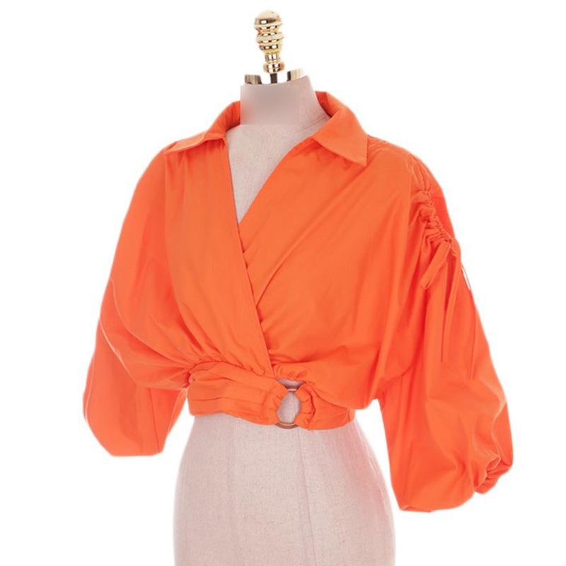 Crop Blouse with Buckled Waistband in colors