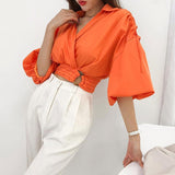 Crop Blouse with Buckled Waistband in colors