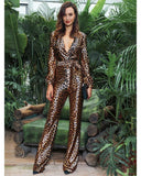 Primetime Looks-Deep V-neck satin leopard jumpsuit