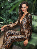 Primetime Looks-Deep V-neck satin leopard jumpsuit