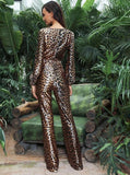 Primetime Looks-Deep V-neck satin leopard jumpsuit