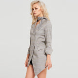 Primetime Looks-Double-breasted asymmetric long plaid blazer