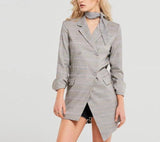 Primetime Looks-Double-breasted asymmetric long plaid blazer