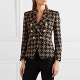 Primetime Looks-Double-breasted buttoned plaid blazer
