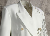 Primetime Looks-Double-breasted eyelet long blazer in white