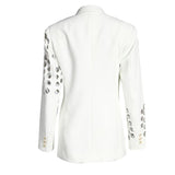 Primetime Looks-Double-breasted eyelet long blazer in white