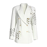 Primetime Looks-Double-breasted eyelet long blazer in white